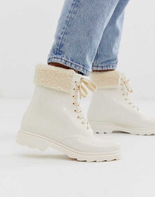 ASOS DESIGN Giggle chunky lace up rain boots with teddy fur trim-Cream