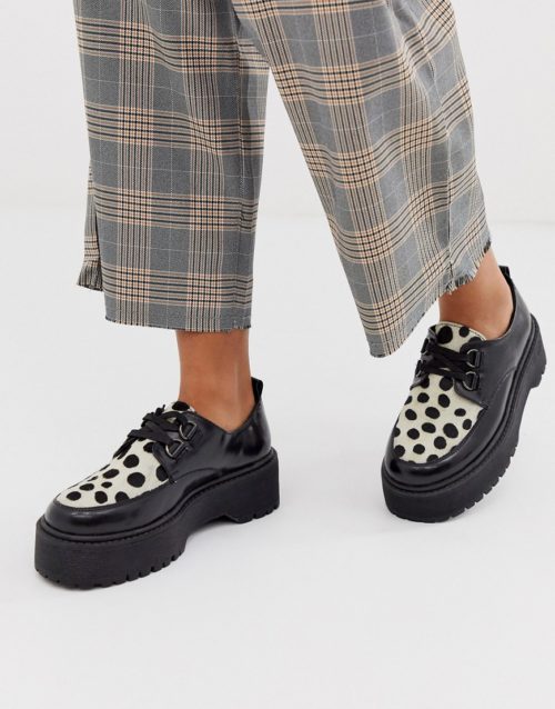 ASOS DESIGN Marlon chunky leather flat shoes in black and dalmation-Multi