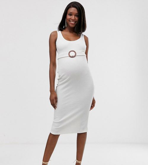 ASOS DESIGN Maternity textured wooden ring belted midi dress-White