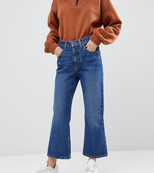 ASOS DESIGN Petite Egerton rigid cropped flare jeans in dark vintage wash-Blue