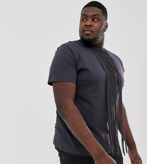 ASOS DESIGN Plus Festival relaxed t-shirt with macrame neck in black