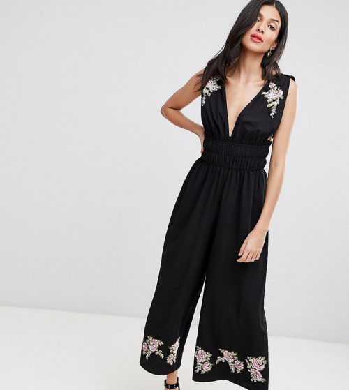 ASOS DESIGN Tall Ruched Waist Plunge Jumpsuit With Embroidery-Black