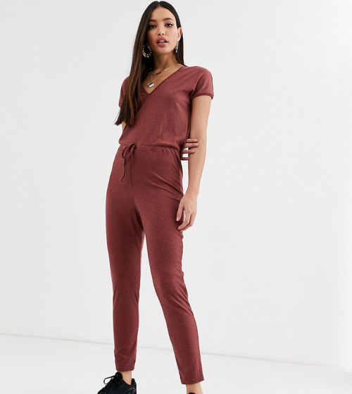 ASOS DESIGN Tall v neck lounge wear jumpsuit with tie waist-Brown