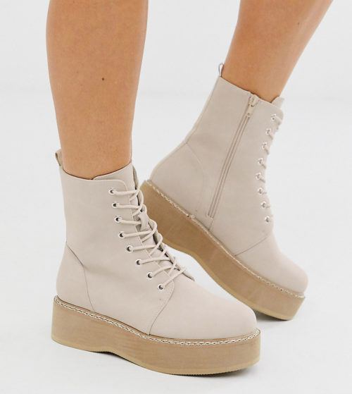 ASOS DESIGN Wide Fit Alva chunky lace up ankle boots in sand-Beige