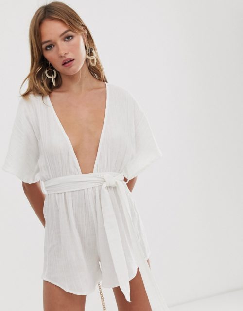 ASOS DESIGN beach playsuit with lattice back in natural crinkle fabric-White