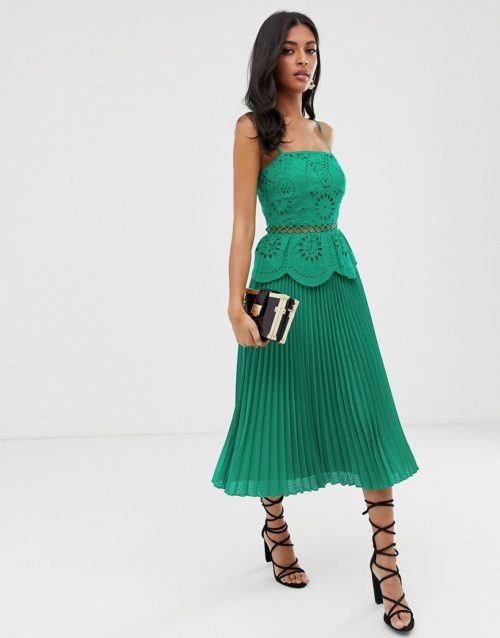 ASOS DESIGN broderie cami midi dress with pleated skirt-Green