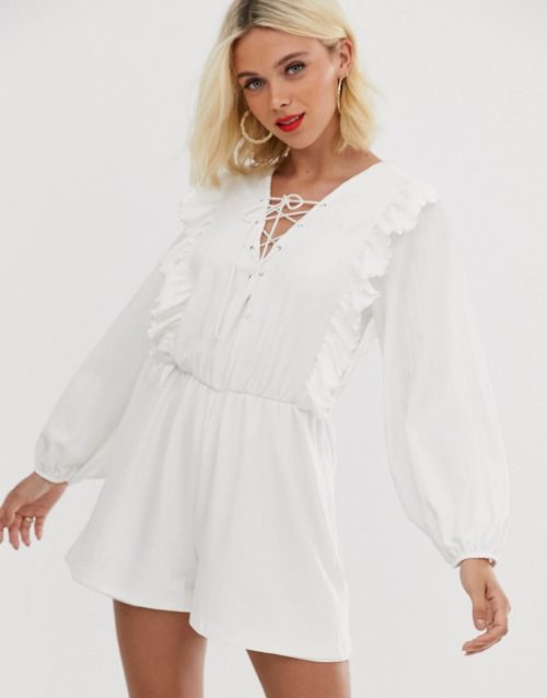 ASOS DESIGN lace up playsuit with ruffle detail-White
