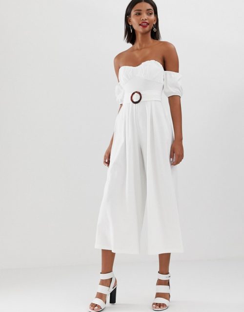 ASOS DESIGN off shoulder jumpsuit with puff sleeve and buckle detail-White