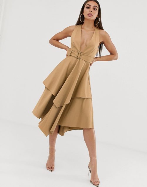 ASOS DESIGN plunge front structured midi dress with layered skirt and belt-Gold