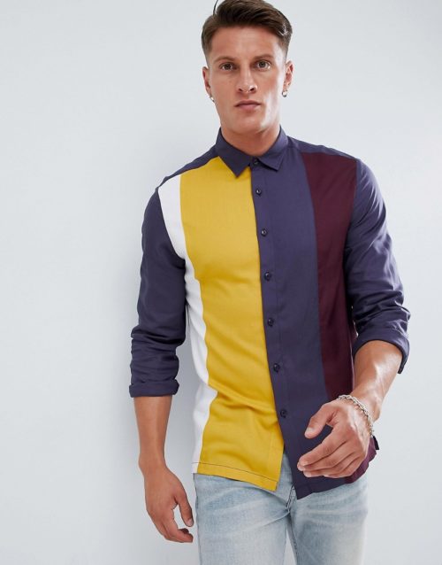 ASOS DESIGN regular fit cut and sew shirt in navy and burgundy