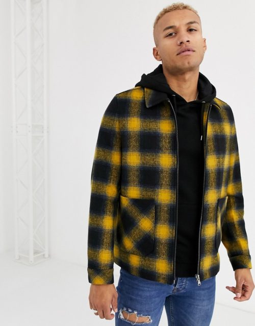 ASOS DESIGN wool mix zip through jacket in yellow and blue check
