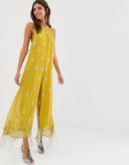 ASOS EDITION crystal embellished strappy back jumpsuit-Yellow
