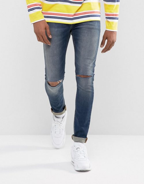 ASOS Super Skinny Jeans In 12.5oz Dark Wash Blue With Knee Rips