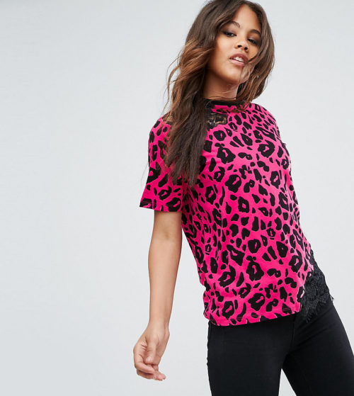 ASOS TALL T-Shirt with Cutwork Lace In Bright Animal Print-Multi