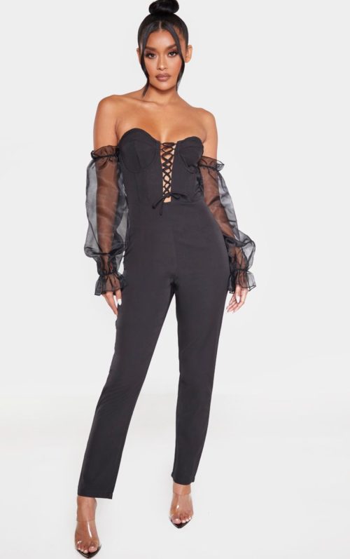 Black Lace Up Organza Puff Sleeve Bardot Jumpsuit, Black