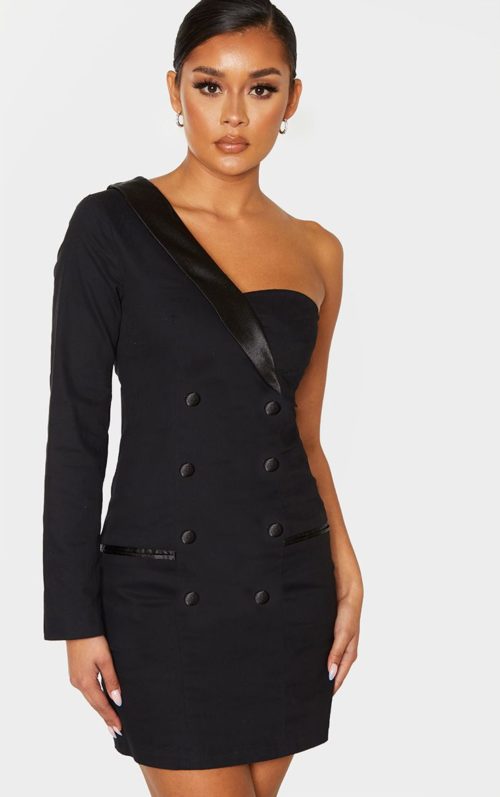 Black One Shoulder Button Detail Blazer Dress, Black