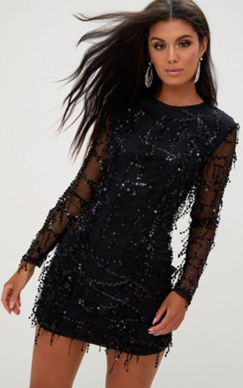 Black Sequin Detail Long Sleeve Mini Dress, Black
