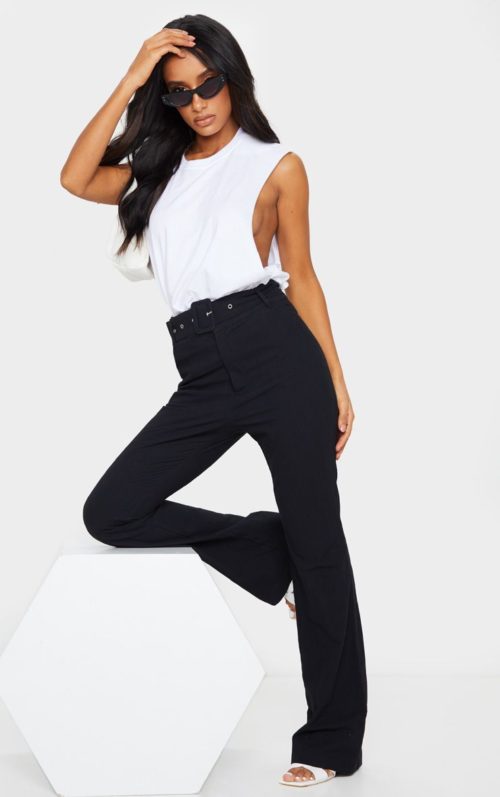 Black Textured Belted Straight Leg Trousers, Black