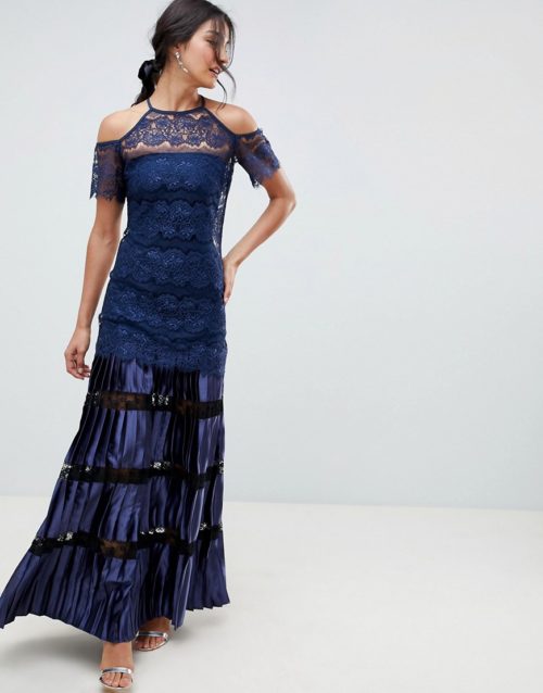 Bodyfrock Cold Shoulder Lace Maxi Dress With Pleated Skirt-Navy