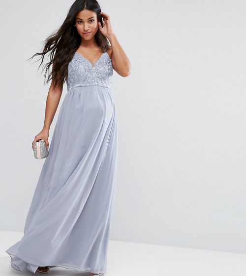 Chi Chi London Maternity Cami Strap Maxi Dress with Premium Lace-Grey