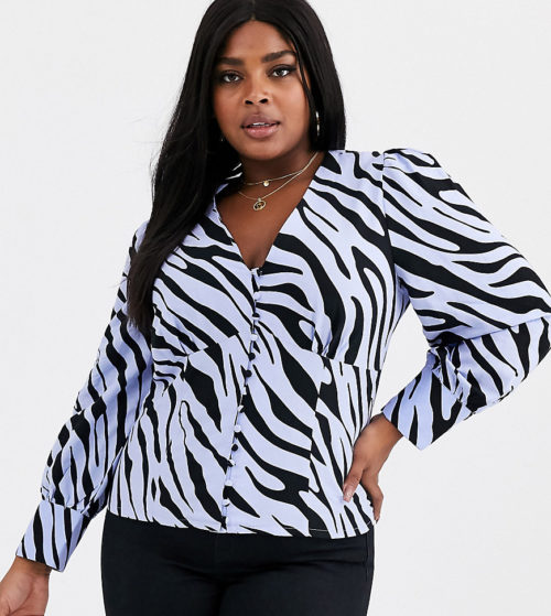 Glamorous Curve tea blouse with puff shoulders in vintage zebra-Blue
