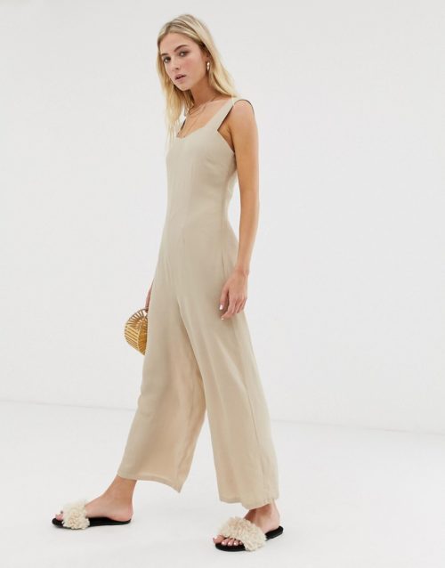 Glamorous minimal jumpsuit with button back straps-Beige