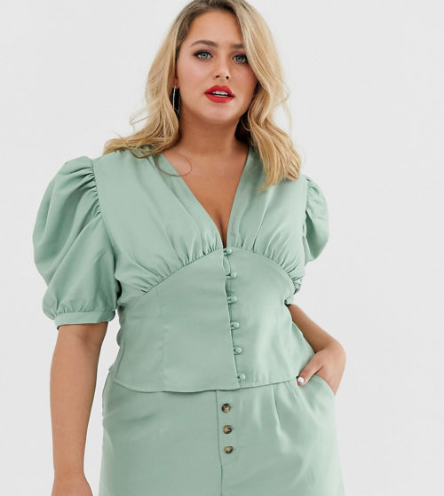 In The Style Plus x Laura Jade pleated balloon sleeve blouse in green-Multi