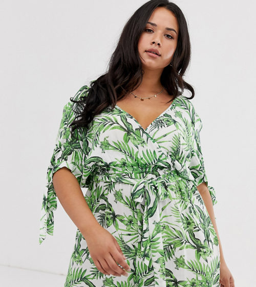 Influence Plus wrap front playsuit in tropical print-Green