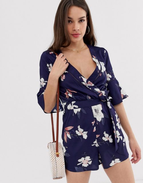 Influence wrap front playsuit with ladder detail in floral print-Navy