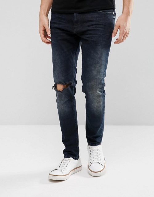 Just Junkies Tapered Jeans In Dark Wash With Abrasions-Blue