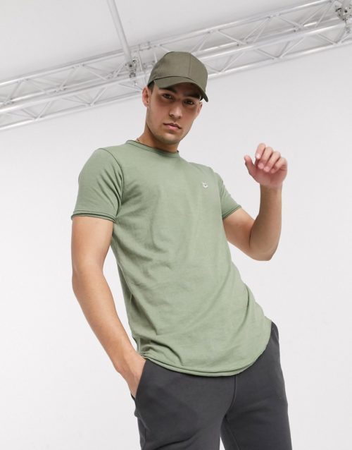 Le Breve longline raw edge t-shirt in marl khaki-Green