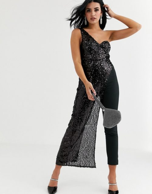 Love Triangle one shoulder jumpsuit with draped front in black glitter