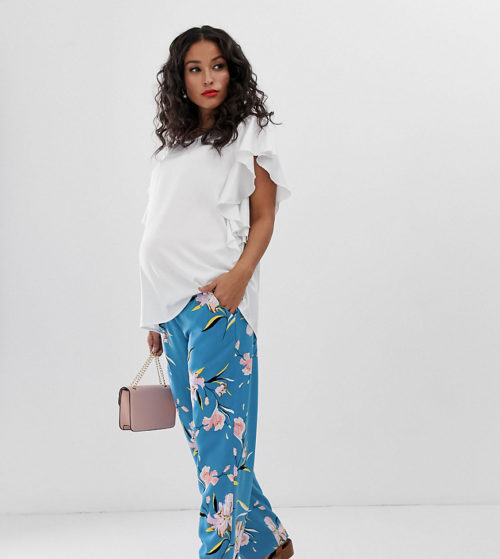 Mamalicious maternity floral wide leg trousers-Blue