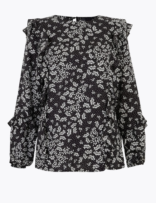 M&S Collection Printed Frill Detail Long Sleeve Blouse
