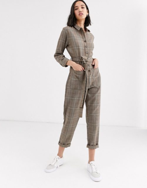 Native Youth jumpsuit with tie waist in check-Beige