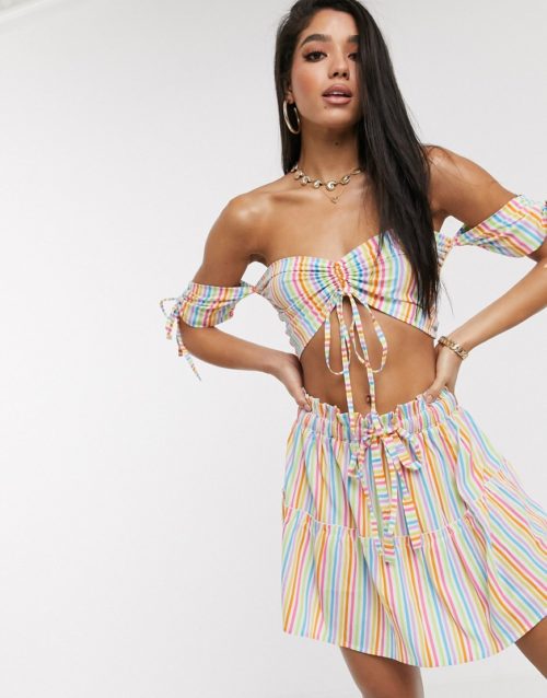 South Beach Bardot Crop and Shirred Mini Skirt Set-Multi
