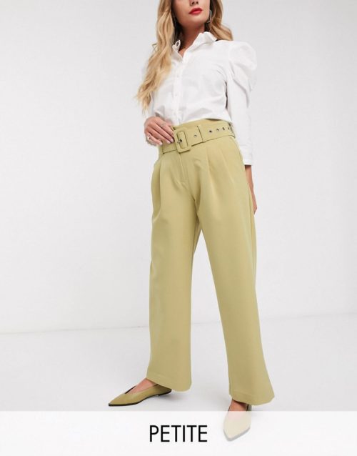 Y.A.S Petite Dina high waisted belted trousers-Green
