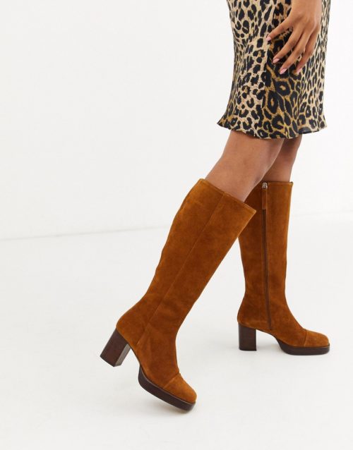 ASOS DESIGN Camille premium suede platform knee high boots in rust-Tan