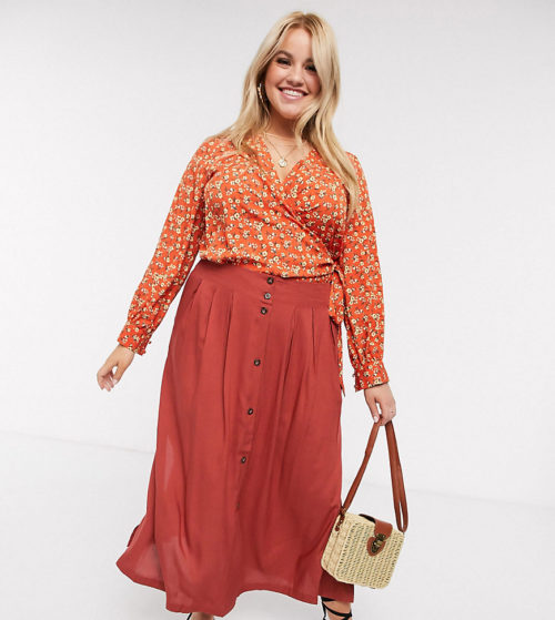 ASOS DESIGN Curve button front midi skirt in rust-Red
