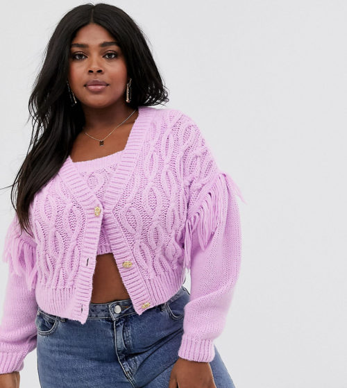 ASOS DESIGN Curve co-ord cable fringe cardigan with button detail-Purple