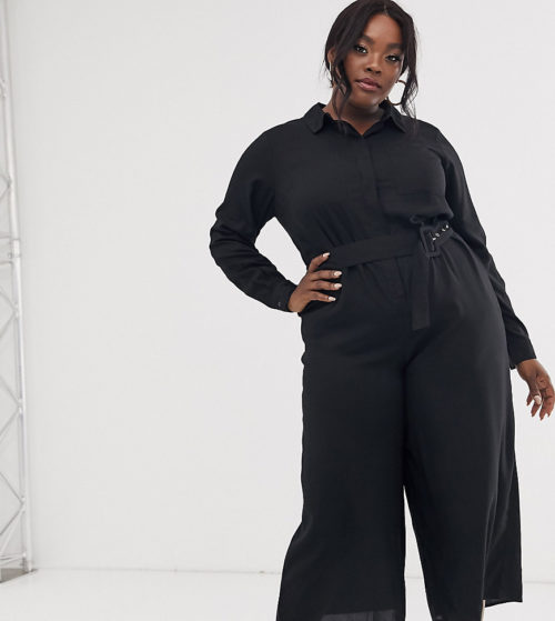 ASOS DESIGN Curve shirt jumpsuit with self belt and culotte leg-Black