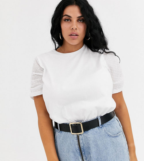 ASOS DESIGN Curve t-shirt with dobby ruched sleeve-White