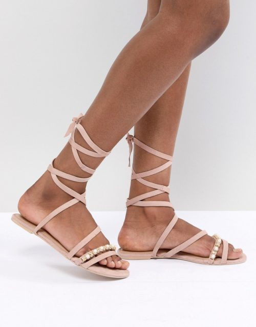 ASOS DESIGN Fascination Leather Embellished Flat Sandals-Beige