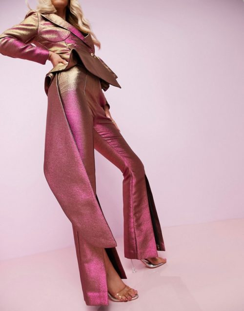 ASOS DESIGN Luxe two tone split front flare trousers-Pink