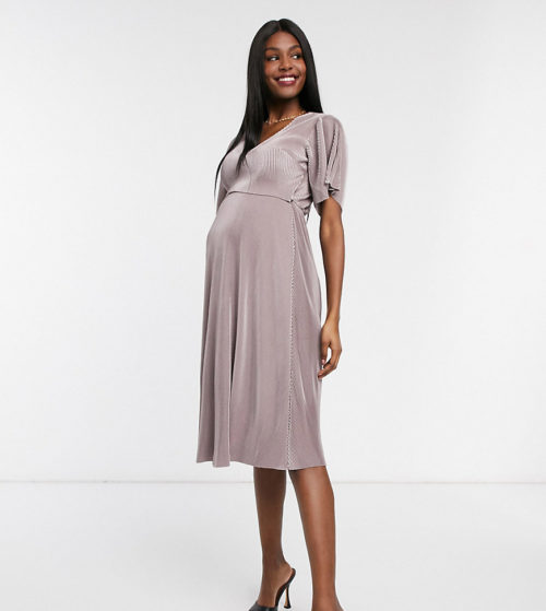 ASOS DESIGN Maternity Nursing plisse cross front midi dress-Purple
