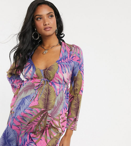 ASOS DESIGN Maternity beach cover up in crinkle in tropical lilac palm print-Multi