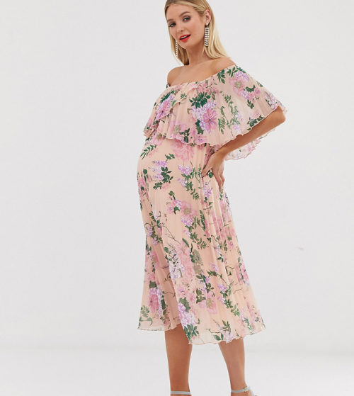 ASOS DESIGN Maternity pleated bandeau midi dress with double layer-Multi