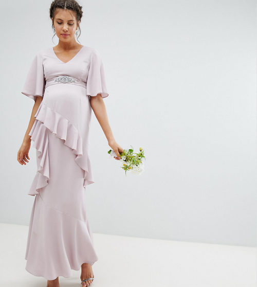 ASOS DESIGN Maternity ruffle flutter sleeve maxi dress with embellished belt-Pink