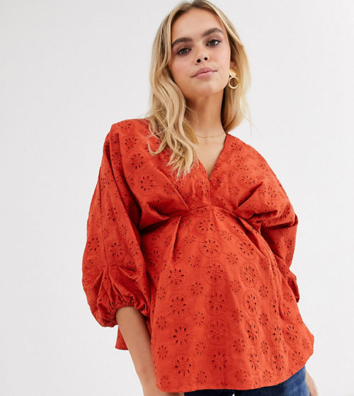 ASOS DESIGN Maternity v neck top in broderie with ruched volume sleeve-No Colour