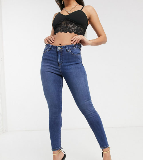 ASOS DESIGN Petite Ridley high waisted skinny jeans in dark vintage stonewash with tab waisted detail-Blue